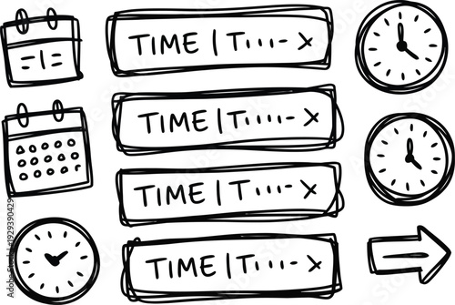 Hand drawn time management planning and scheduling elements including clocks calendars and expressive arrow symbols