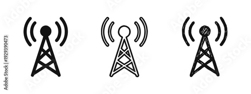 Cell tower and antenna icon set. Communication network signal symbol and wireless transmission vector illustration.