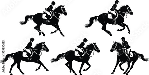 Set of black horse riding silhouettes featuring equestrian riders on galloping horses isolated on white background for sports design projects,