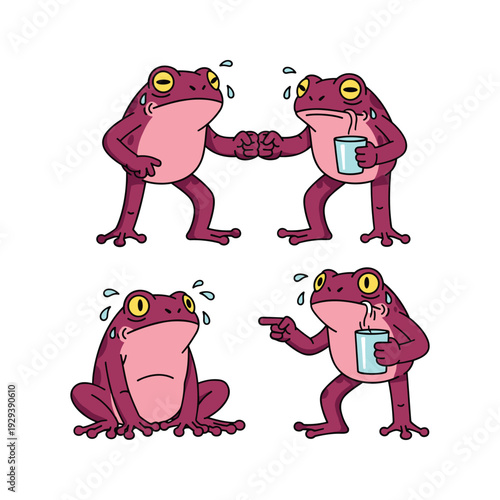 Cartoon frogs experiencing hangover symptoms with humorous expressions