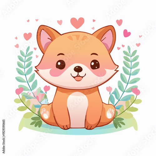 Charming happy little cartoon animal illustration with lovely pink hearts and green foliage, exuding sweet affection and innocence