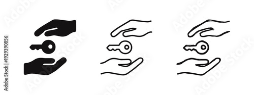 Hands holding key icon set. Give or receive key symbol, access, transfer, and solution vector illustration.