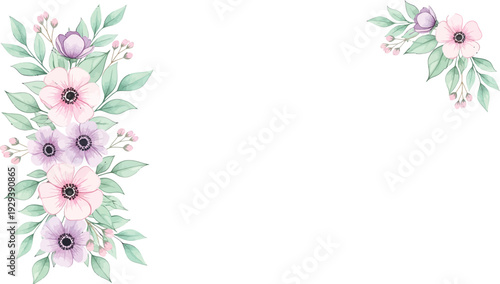 A delicate watercolor illustration featuring soft pink and purple flowers with green leaves arranged in two elegant clusters on a white background.