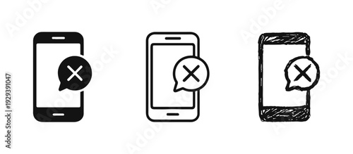 Smartphone with cross chat bubble icon set. Blocked message, communication error, or no notification vector.