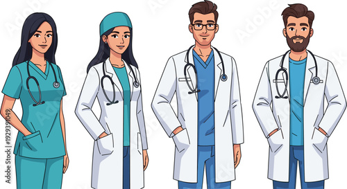 Set of male and female doctors and nurses in scrubs and lab coats with stethoscopes isolated on white background vector