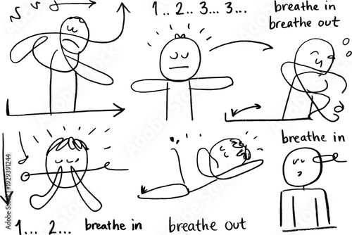 Simple stick figures demonstrating various breathing exercises for relaxation and mindfulness practice