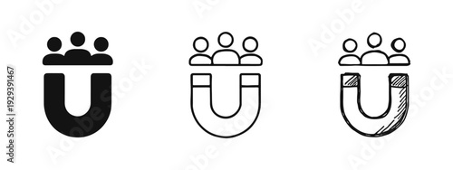 Magnet attracting people icon set, Customer attraction marketing doodle, Lead generation symbol silhouette and line art