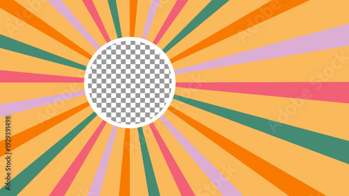 Retro colorful radial sunburst background with circular frame isolated on transparent background