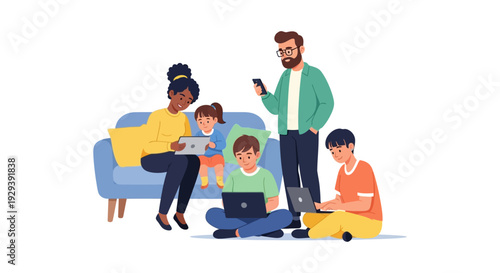 Diverse Family Enjoying Digital Devices at Home: Multigenerational Screen Time & Online Connectivity