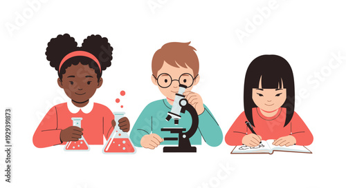 Diverse Children Exploring Science and Learning: Young Students Engaged in STEM Activities, Illustrating Curiosity, Education, and Discovery