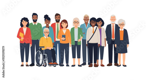 Diverse Multi-Ethnic, Multi-Generational Group of Professionals with Disability Inclusion. United Community Standing Together, Representing Global Workforce Diversity & Belonging.