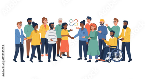 Diverse Global Team Collaboration and Inclusive Community Support. Illustration of Professionals Emphasizing Unity, Partnership, and Equal Opportunity.