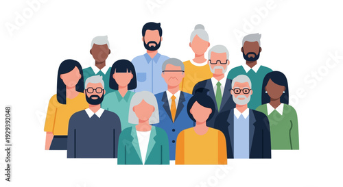 Diverse Group of Multi-Generational Professionals & Community Members. Inclusive Team or Society Flat Vector Illustration Representing Demographics & Workforce.