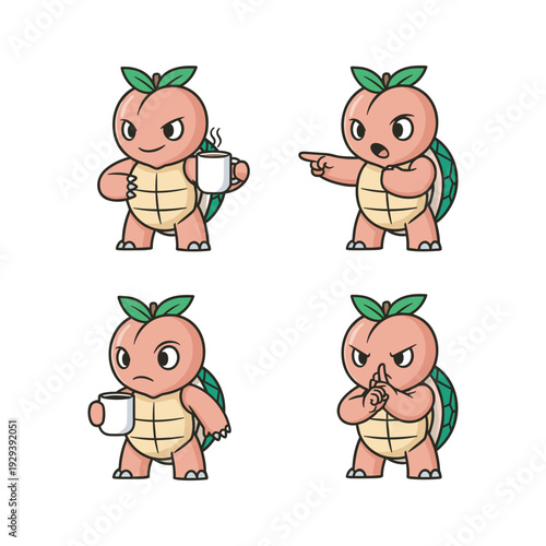 Chikorita Pokémon character set with different emotions holding a mug