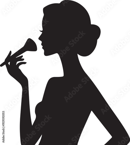 Black silhouette woman applying lipstick white background