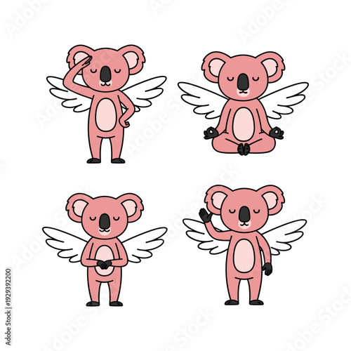 Photography Cartoon koalas with wings in various yoga poses on white background