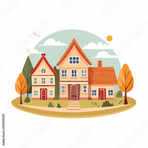 Charming autumnal village scene featuring houses and trees under a cloudy sky