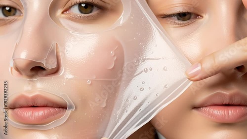 A woman applies a sheet mask to her face in a serene and calming skincare routine video