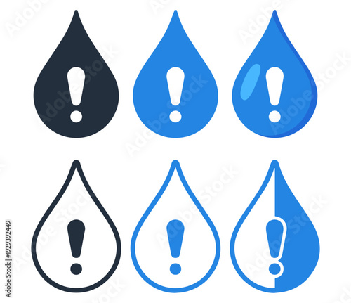 water drop with exclamation mark icons, blue liquid alert vector