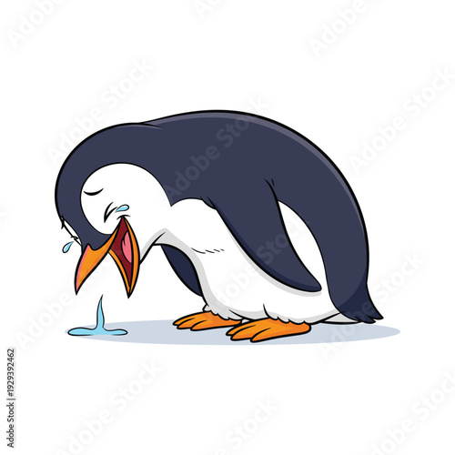 Sad cartoon penguin crying with tears on white background