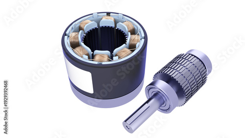 Industrial Stepper Motor Complete Disassembly.  AC Servo motor. The rotor is located next to the stator housing. 3D rendering isolated on white background. Ideal for educational, engineering