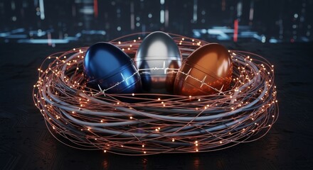 Three metallic eggs in a glowing nest with fairy lights on dark background