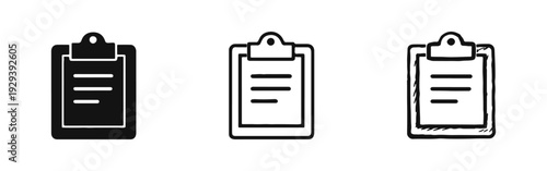 Clipboard Icon Set. Hand Drawn Document and Checklist Symbol in Doodle Sketch Style. Task Management.