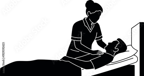 Nurse Caregiver Assisting Patient in Hospital Bed Silhouette - Healthcare Assistant, Nursing Aide, Clinical Care Illustration.