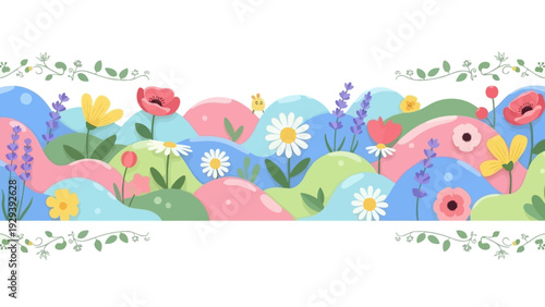 Spring Meadow Landscape with Flowers and Hills - Vector Illustration
