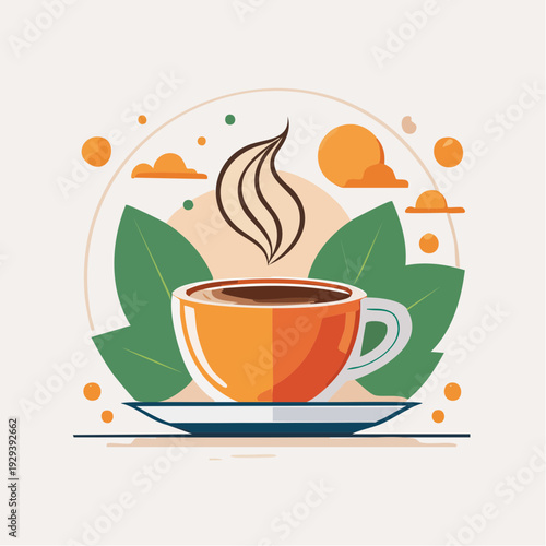 Steaming Cup of Coffee Artistically Illustrated with Leaves and Clouds
