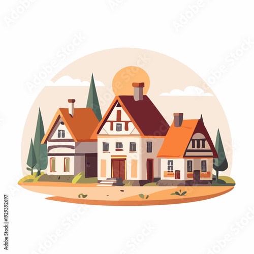 Charming traditional European village houses with Fachwerk architecture under a warm sunset, creating an idyllic rural scene illustration