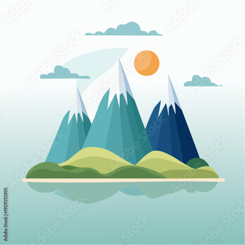 Minimalist flat design of a tranquil mountain island landscape with reflection in calm water