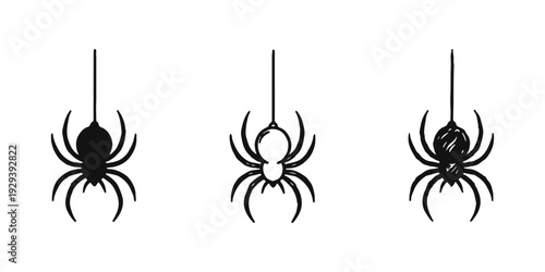 Hanging Spider Icon Set. Hand Drawn Halloween Insect Symbol in Doodle Sketch Style. Creepy Arachnid.