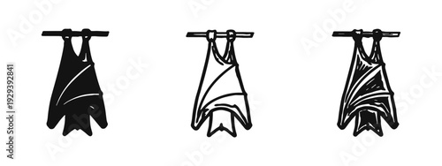 Hanging Bat Icon Set. Hand Drawn Halloween Bat Symbol in Doodle Sketch Style. Nocturnal Animal.