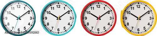 Colorful analog clocks with teal, blue, red, and yellow frames showing different times, educational learning resource for teaching children how to read time accurately