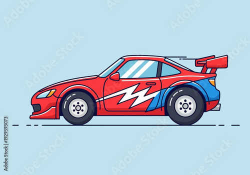A stylized red and blue race car with a white lightning graphic moving left