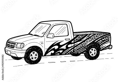 Black and white drawing of a pickup truck with tribal and flame graphics