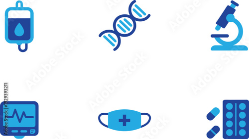Healthcare and Medical Equipment Icon Set. DNA, Microscope, Mask, and Hospital Support. Vector Illustration