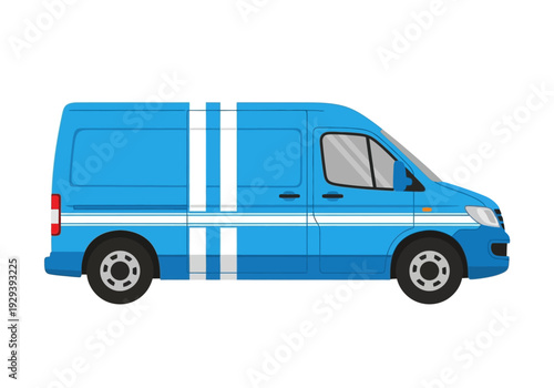 Side view of a light blue cargo van with white racing stripes