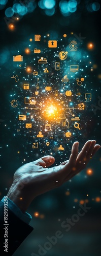 Digital representation of tax concept with icons and hand interaction on dark background