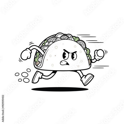 Angry taco character running with attitude in cartoon style