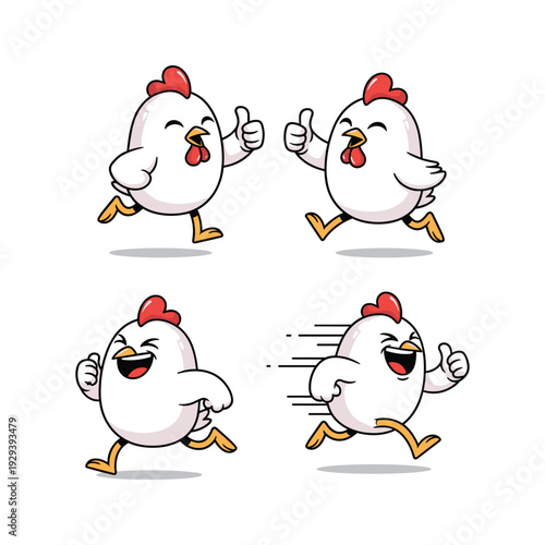 Cartoon chicken characters running and giving thumbs up in various dynamic poses