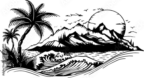 vector mountain in beach ocean, vector, sea, landscape, travel, nature, sunset, water, background, summer, island, coast, waves, peak, sky, illustration, shore, abstract, sand, 