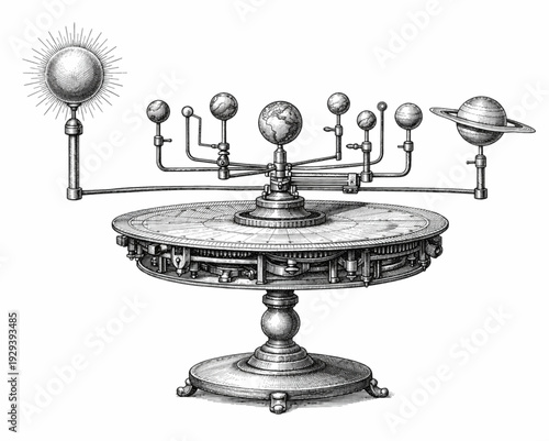 Antique Orrery Solar System Model Vintage Engraved Scientific Instrument Illustration Isolated on White
