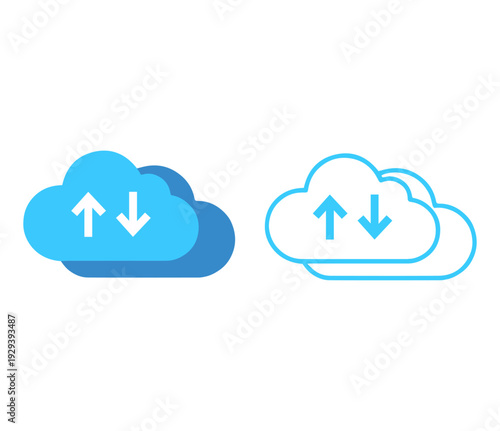 Cloud computing and data transfer icons, flat and outline symbols for cloud storage sync upload and download network technology vector illustration