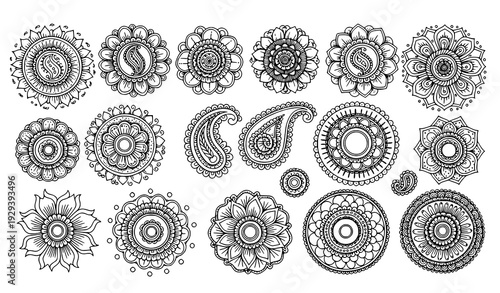 Henna floral mandala vector set hand drawn mehndi ornamental collection illustration
