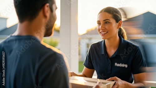 A smiling delivery woman handing a package to a customer at the doorstep in a sunny neighborhood.