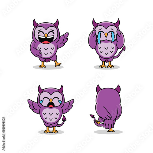 Cartoon devil owl character showing emotions on white background