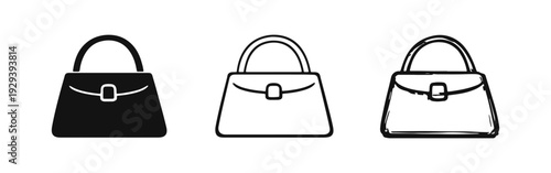 Woman's Handbag Icon Set. Hand Drawn Fashion Purse Symbol in Doodle Sketch Style. Ladies Accessory.