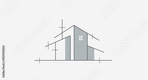Minimalist architectural sketch of house outline with construction lines on light grey background